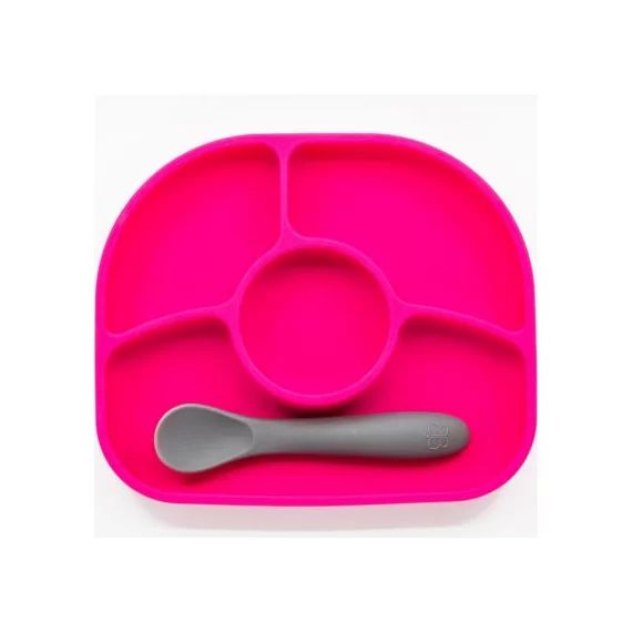 Assiette à compartiments avec ventouse et cuillère Yümi rose