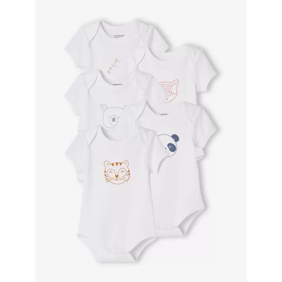 Lot de 5 bodies « animaux » bébé naissance ouverture US manches courtes BASICS lot blanc