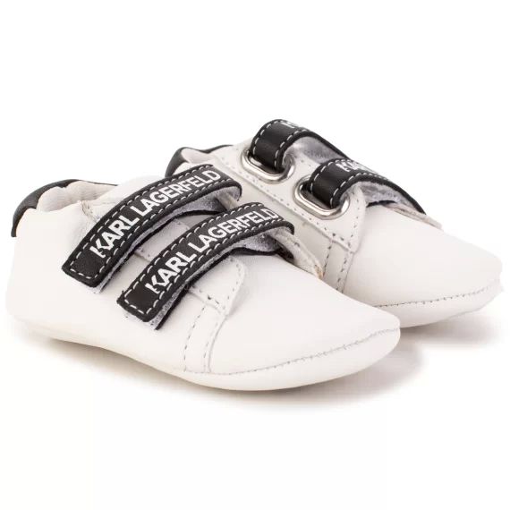 Chaussons scratchés en cuir Garçon Blanc