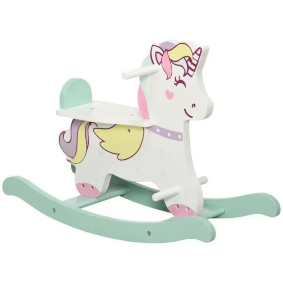 Cheval À Bascule Licorne En Bois – Homcom – 68x27x47cm – Poignées Repose-pied Butées – Mdf Blanc Vert Rose Blanc