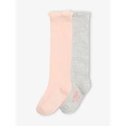 Lot de 2 paires de chaussettes hautes bébé rose poudré + gris chiné