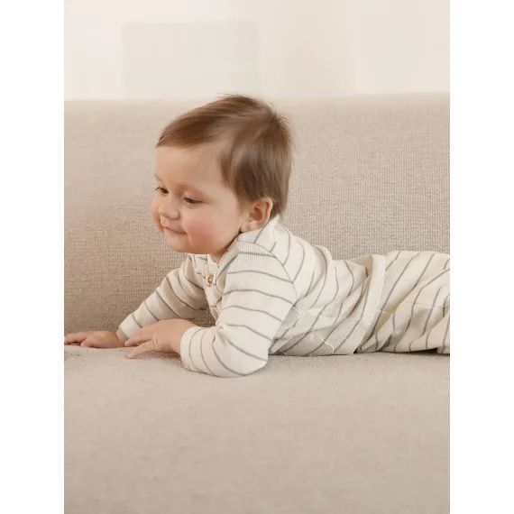 Ensemble naissance rayé gilet et pantalon écru