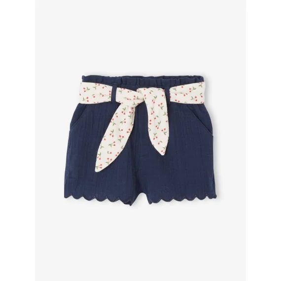Short bébé en gaze de coton avec ceinture fleurie marine