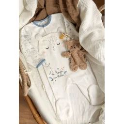Pyjama Bébé En Velours Ouverture Pont Petite Balade Ecru