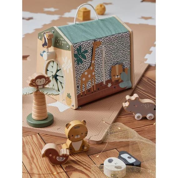 Maison d&rsquo;activités des animaux Tanzanie en tissu et bois FSC® beige