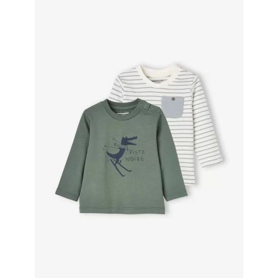 Lot de 2 T-shirts bébé motif animal et rayé BASICS lot vert