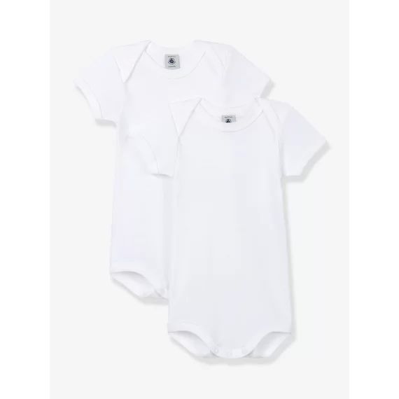 Lot de 2 bodies ouverture US manches courtes bébé en coton bio PETIT BATEAU – blanc blanc