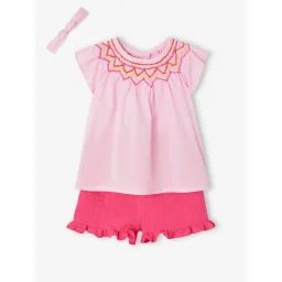 Ensemble blouse, short et bandeau bébé rose