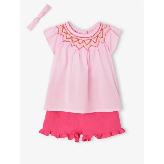 Ensemble blouse, short et bandeau bébé rose