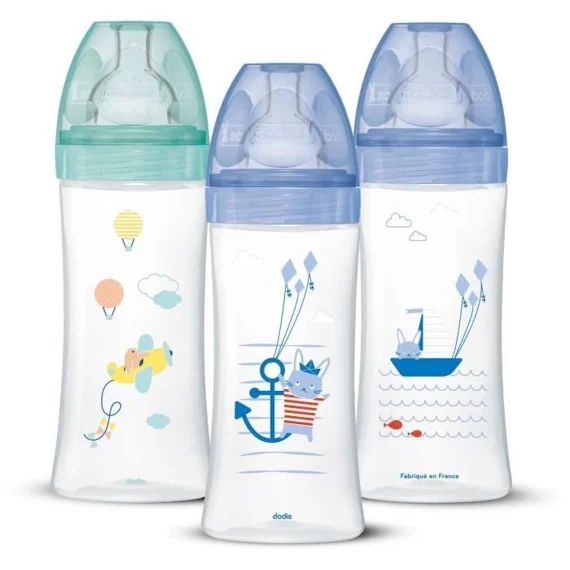 DODIE Lot de 3 Biberons Anti-Colique Sensation+ 330ml +6 Mois, Tétine Plate, Débit 3 – Bleu Mer et Vert Air bleu