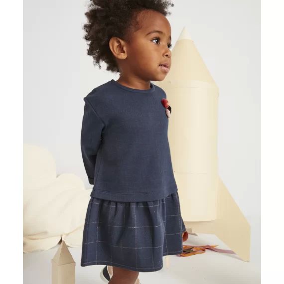 Robe avec pull intégré bleu marine bébé fille avec pompons colorés –  – Soldes