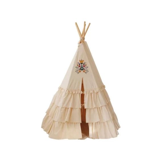 Tente Tipi Enfant Moi Mili Folk Honey – Beige/ Jaune – Froufrous Et Tapis De Coquillages Ou Tapis De Feuilles Beige