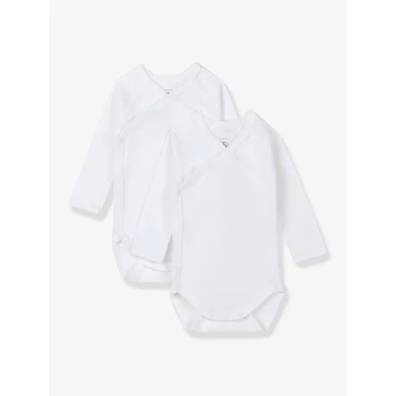 Lot de 2 bodies croisés manches longues bébé naissance en coton bio PETIT BATEAU blanc