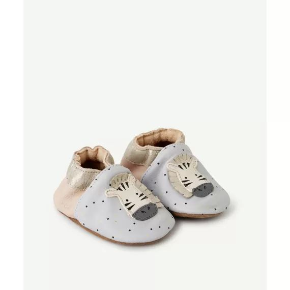 Chaussons bébé en cuir rose et gris avec zèbre –  – Soldes
