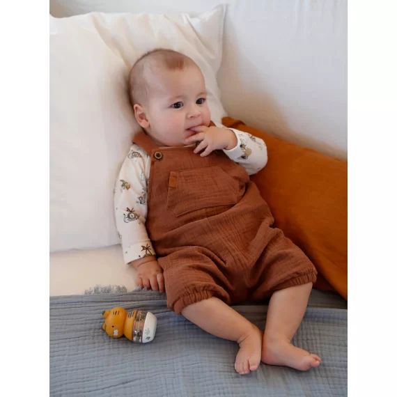 Salopette bébé naissance en gaze de coton doublée caramel foncé
