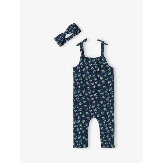 Ensemble combinaison et bandeau bébé fille en molleton bleu nuit