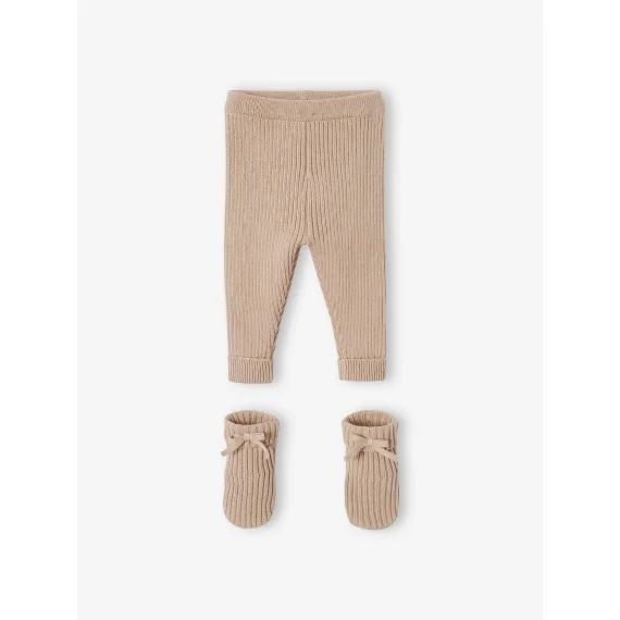Ensemble bébé pantalon en tricot + chaussons beige