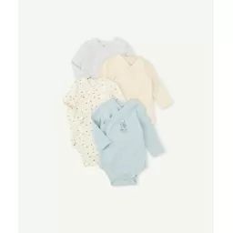 Lot de 4 bodies naissance unis, imprimé et rayé en coton bio –  – Soldes