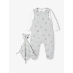 Ensemble 3 pièces naissance combinaison + body + doudou vert d&rsquo;eau