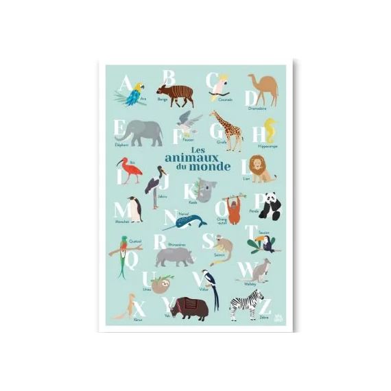 Abécédaire des animaux du monde fond bleu (A3)