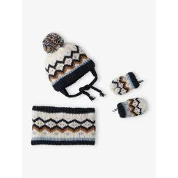 Ensemble bébé fille bonnet à oreilles + snood + moufles jacquard marine