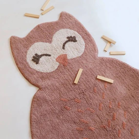 Tapis Chambre Enfant Coton Lavable Petit Hibou Little Pepa Brun Rosé