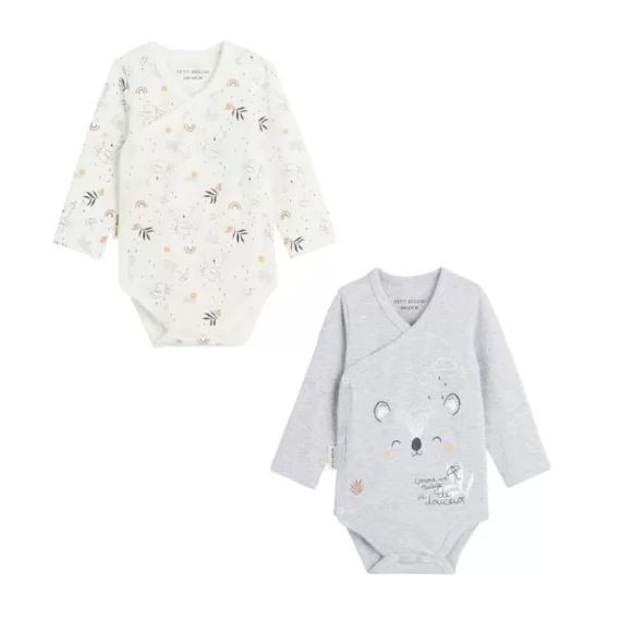 Lot De 2 Bodies Bébé Manches Longues Ouverture Croisée Nuage Gris
