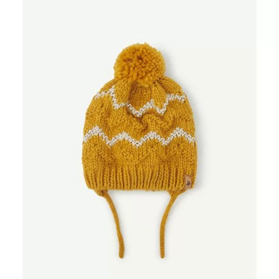 Bonnet moutarde en fibres recyclées avec pompon bébé fille –  – Soldes