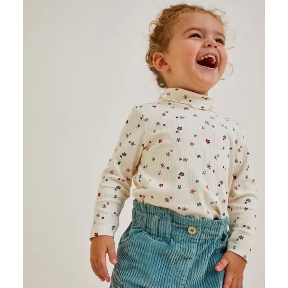 Sous-pull côtelé fille en coton bio blanc imprimé fleuri