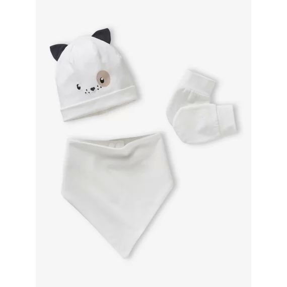 Ensemble chien bonnet + moufles + foulard bébé imprimé personnalisable blanc