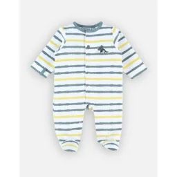 Pyjama 1 Pièce En Jersey Rayé Broderie Dinosaure Blanc