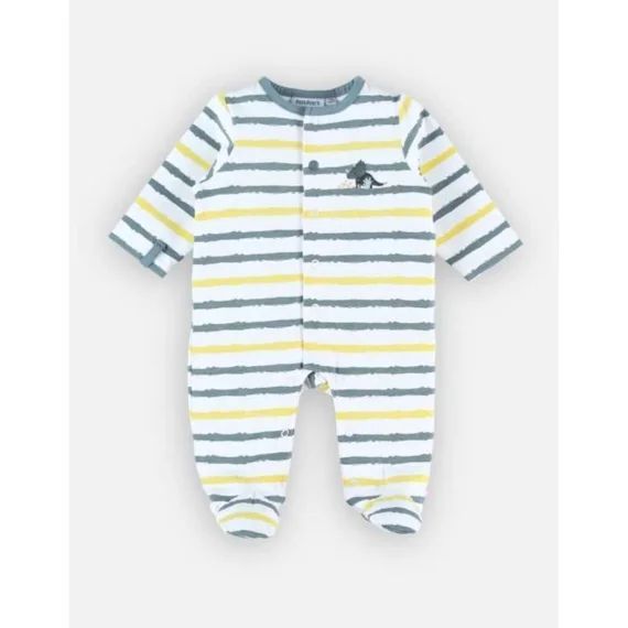 Pyjama 1 Pièce En Jersey Rayé Broderie Dinosaure Blanc