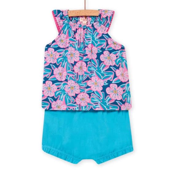Ensemble Bleu Pétrole T-shirt À Imprimé Fleuri Et Short Bébé Fille
