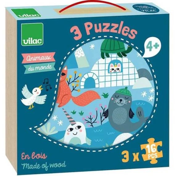 Coffret Puzzles Animaux Du Monde – Vilac – 8530 – Moins De 100 Pièces – Mixte – Bleu Bleu