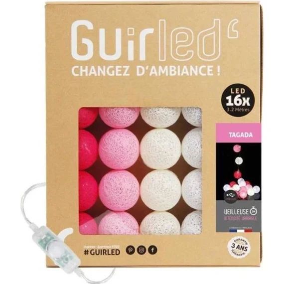 Guirlande lumineuse boules coton LED USB – Veilleuse bébé 2h – 3 intensités – 16 boules 1,6m – Tagada rouge