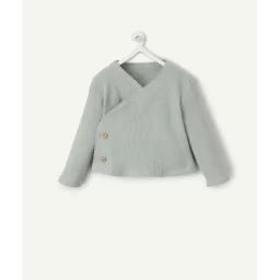Cardigan bébé en coton bio vert poudré matière gaufrée –  – Soldes