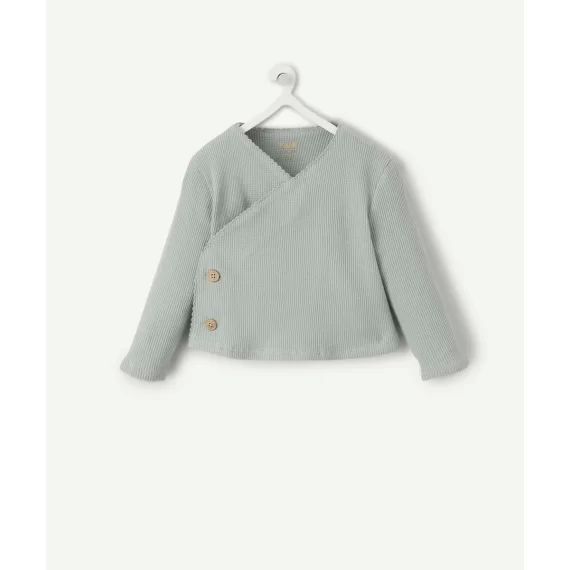 Cardigan bébé en coton bio vert poudré matière gaufrée –  – Soldes