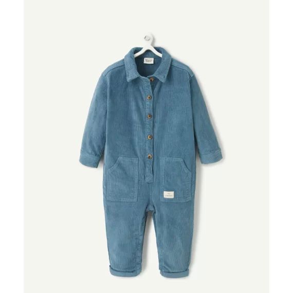 Combinaison bébé garçon en velours côtelé bleu avec patch mini aventurier