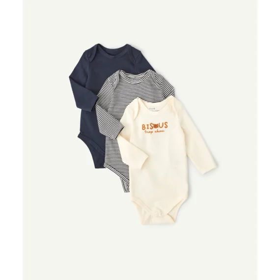 Lot de 3 bodies en coton biologique écru et bleu bébé