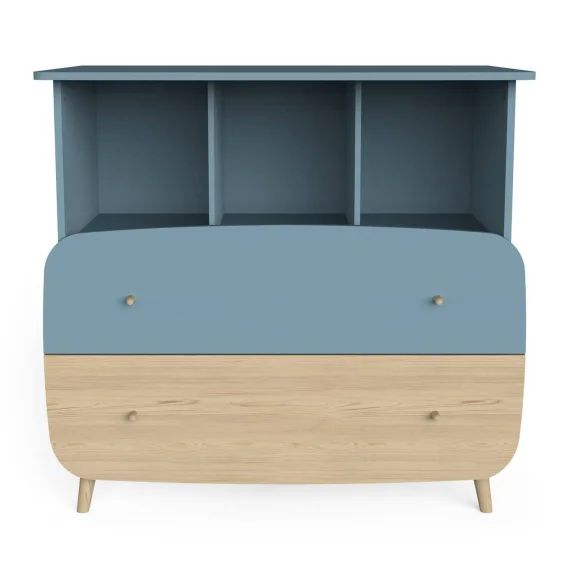 Commode 2 Tiroirs Et 3 Niches Bleu Orage / Bois