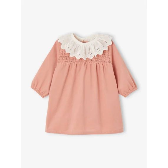 Robe à smocks en velours col brodé amovible bébé rose