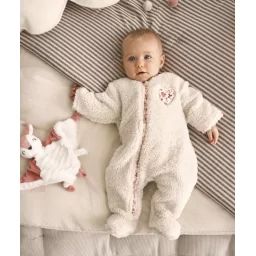 Surpyjama bébé en sherpa écru avec imprimé fleuri rose