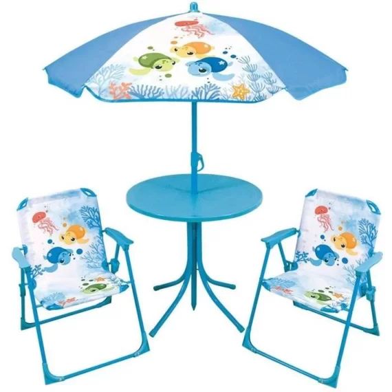 Fun house ma petite carapace salon de jardin tortues pour enfant avec une table, deux chaises et un parasol bleu