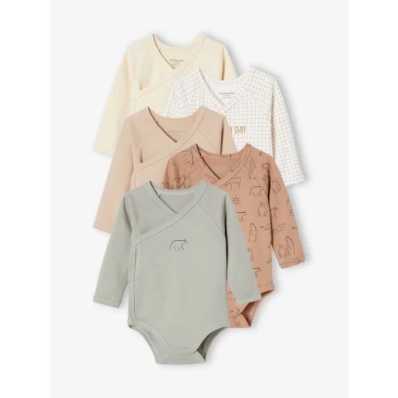 Lot 5 bodies manches longues bébé ouverture naissance en coton bio beige