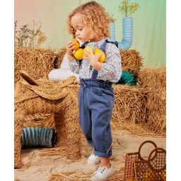 Pantalon à bretelles volantées bébé fille bleu en viscose responsable –  – Soldes