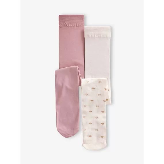 Lot de 2 paires de collants bébé en maille uni/coeurs vieux rose
