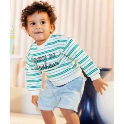 Sweat bébé garçon en fibres recyclées rayé vert et blanc –  – Soldes