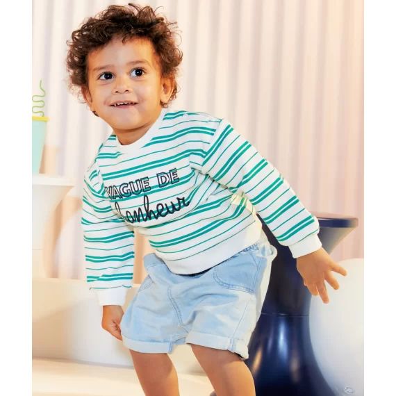 Sweat bébé garçon en fibres recyclées rayé vert et blanc –  – Soldes