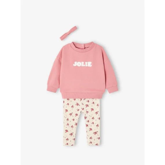 Ensemble sweat + legging + bandeau personnalisable bébé fille bois de rose