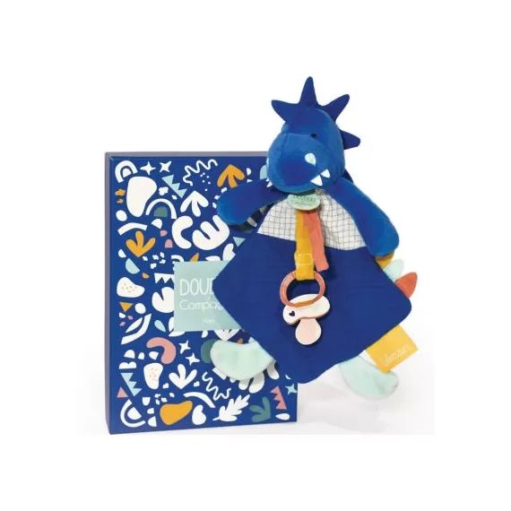 Coffret doudou attache sucette dinosaure Sashou bleu Calinosaures